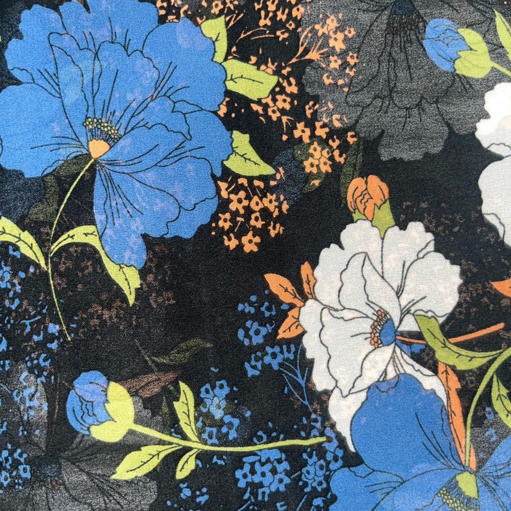 Black Floral Print Fabric with Blue & White Blooms
